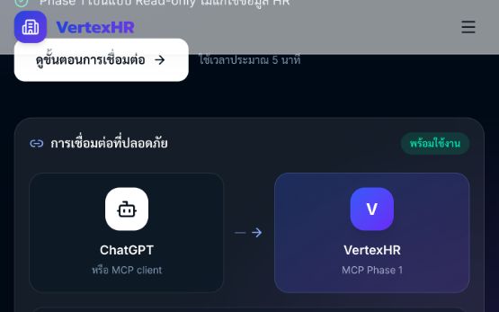 ส่วนแนะนำการเชื่อมต่อ ChatGPT กับ VertexHR บนหน้าแรก พร้อมปุ่มดูขั้นตอนการเชื่อมต่อ